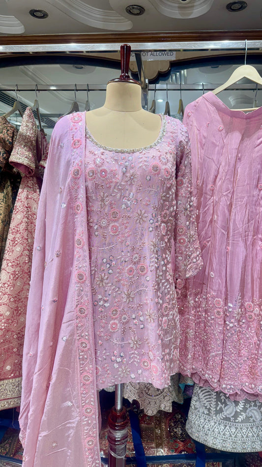 Luxury Zardozi Hand Embroidered Readymade Sharara Suit – Free Size (Up to 42” Bust)