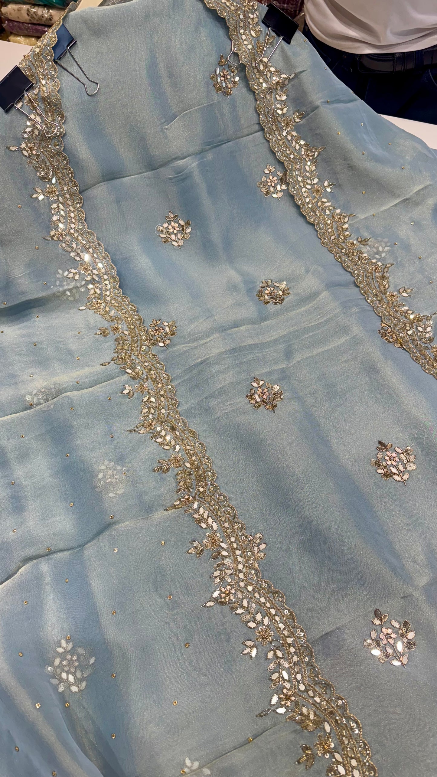Elegant Sky Blue Pure Tissue Silk Unstitched Suit with Opada Silk Bottom