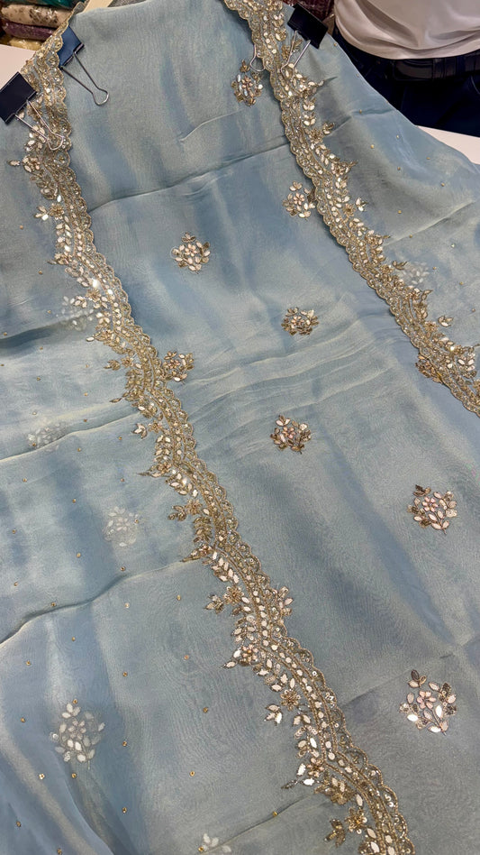 Elegant Sky Blue Pure Tissue Silk Unstitched Suit with Opada Silk Bottom