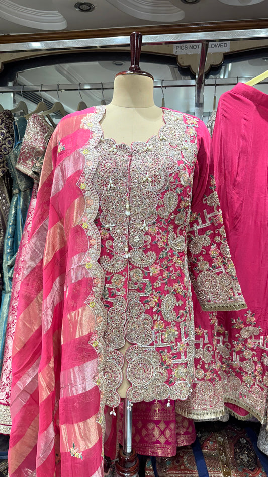 Luxury Hand Embroidered Chinon Sharara Suit with Tissue Dupatta – Ready to Wear (Free Size up to 44 Bust)