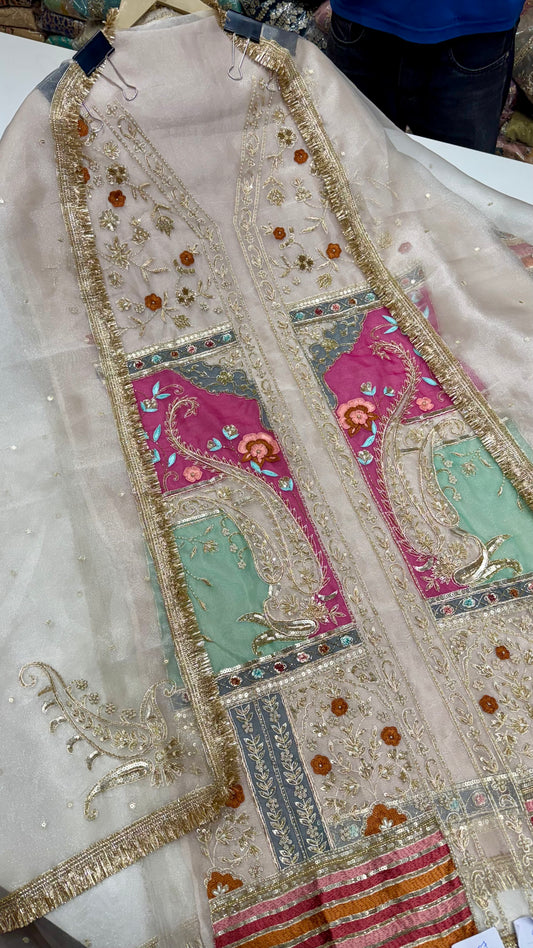 Luxury Pure Glass Organza Hand-Embroidered Unstitched Suit with Zardozi Detailing