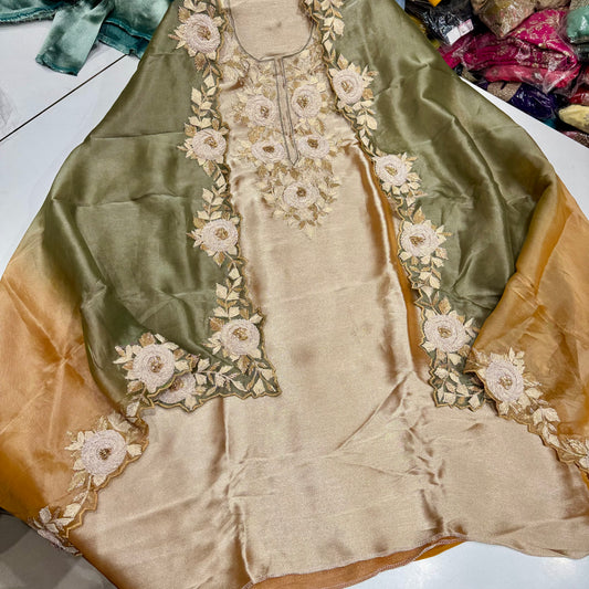 Luxury Hand-Embroidered Zardozi & Gotta Patti Unstitched Shimmer Tissue Suit Set