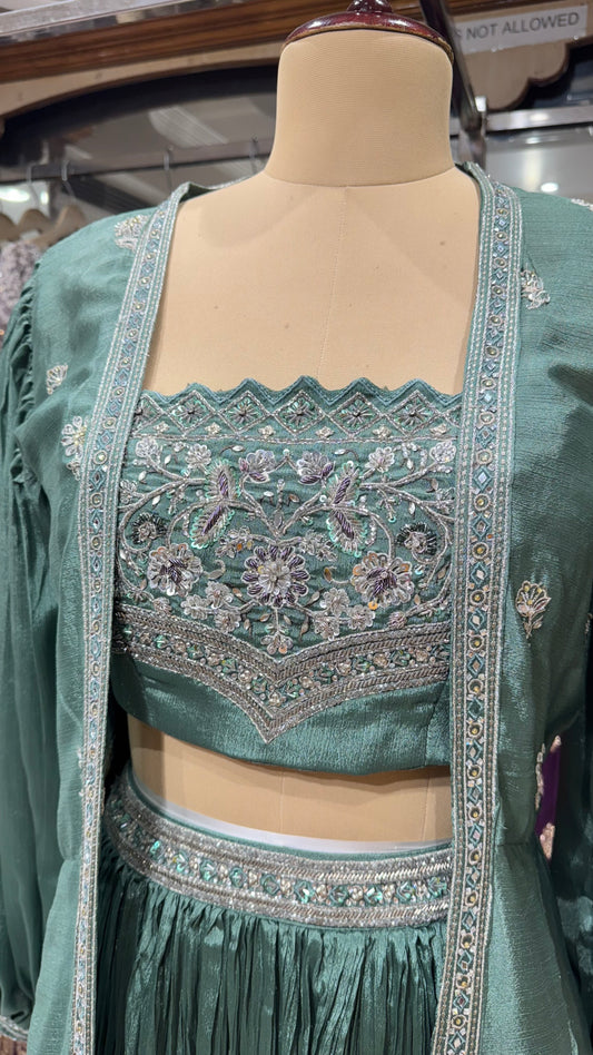 Graceful 3-Piece Indo-Western Cape Dress – Hand Embellished Chinon Crepe Blouse, Skirt & Flowing Cape Jacket