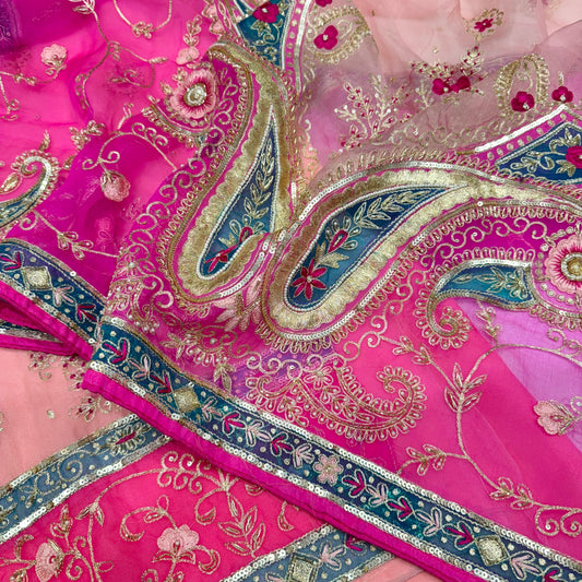 Unstitched Peach and Pink Embroidered Suit with Heavily Embellished Dupatta – Orgenza Fabric with Zari, Sequin & Thread & Zardozi work