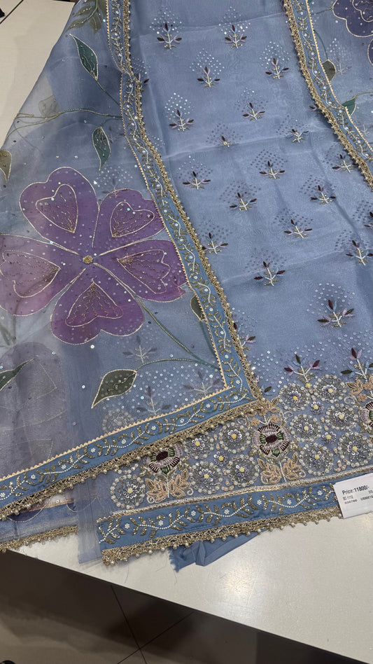 Pure Glass Organza Unstitched Suit with Zardozi Embroidery