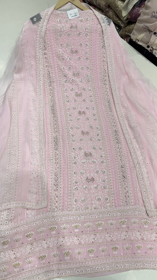 Unstitched Pure Georgette Lakhnavi Embroidered Suit with Chiffon Dupatta