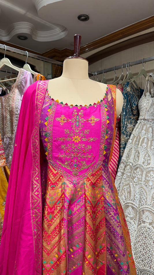 Banarsi Silk Anarkali Suit with sharara plazo