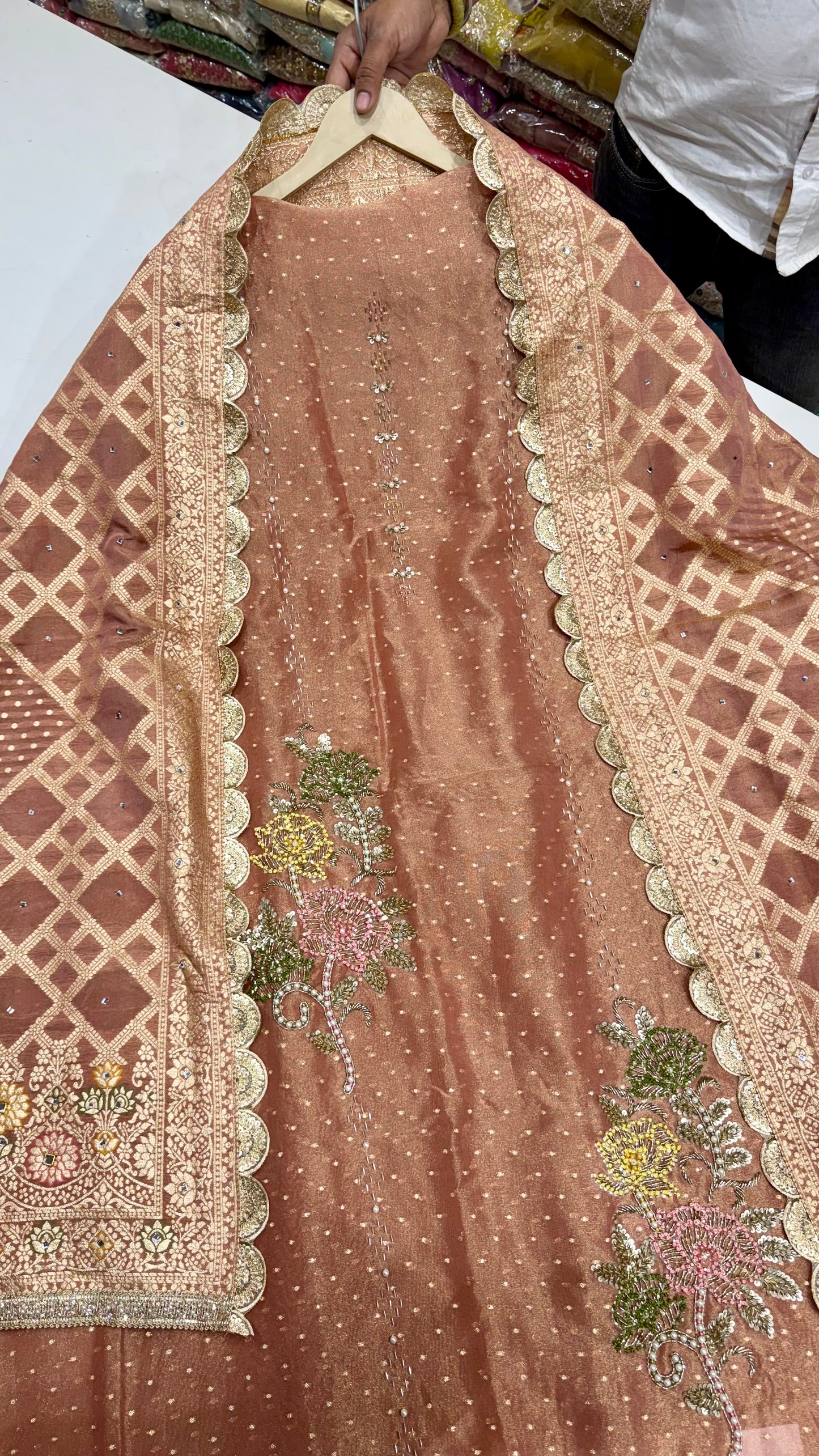 Designer Pure Handloom Tissue Unstitched Suit with Zardozi Handwork & Dupatta