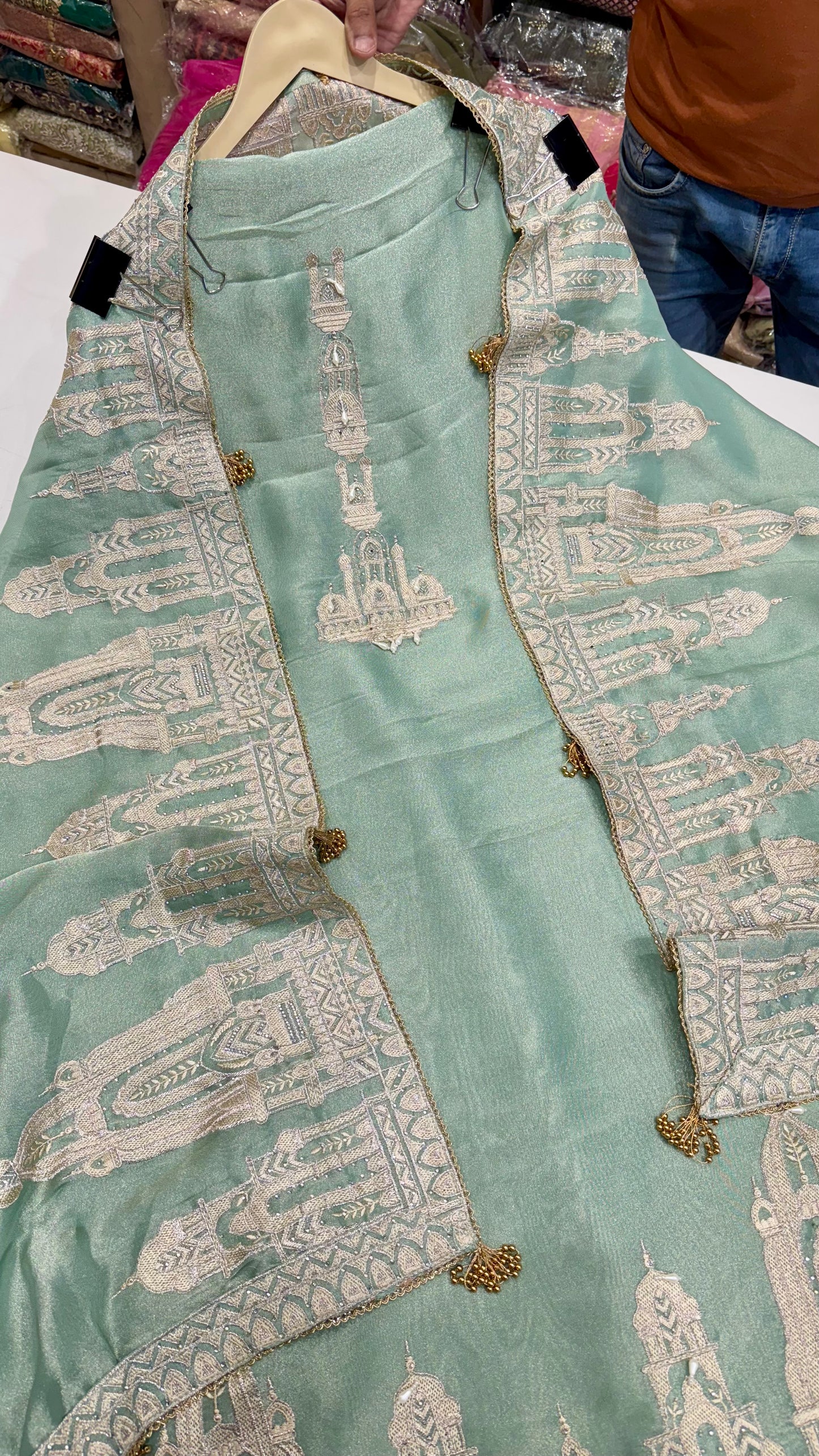 Heritage Temple Motif Unstitched Shimmer Tissue Suit Set
