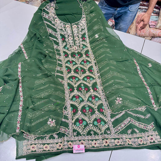 Elegant Handwork Unstitched Partywear Suit on Organza with Crepe Bottom – 3 Meter