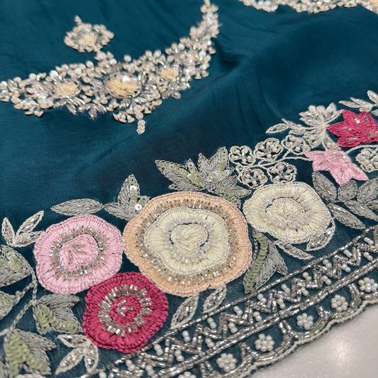 Luxury Hand-Embroidered Organza Suit with Designer Dupatta & 2.5m Silk Bottom