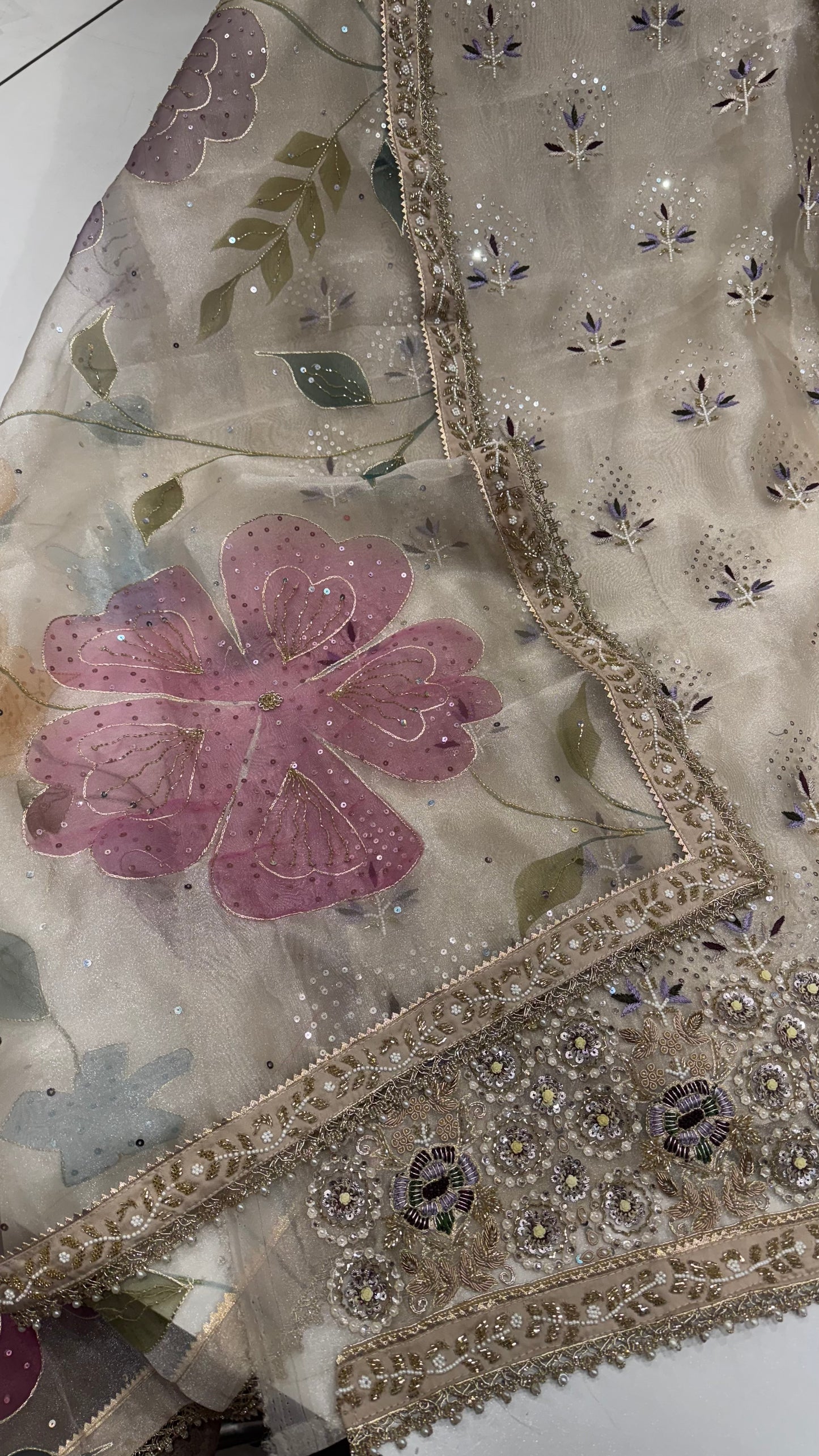 Pure Glass Organza Unstitched Suit with Zardozi Embroidery