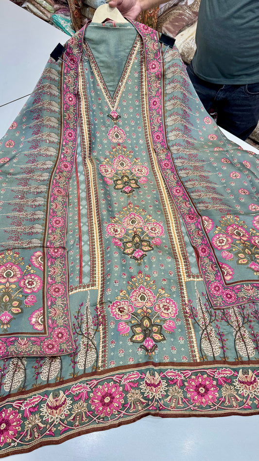 Elegant Satin Silk Unstitched Suit with Printed Dupatta & Hand-Embroidered Pearl Work