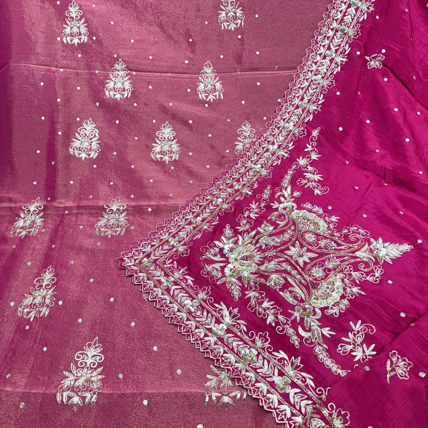 Mazenta Pink Shimmer handwork fourside border dupatta suit set