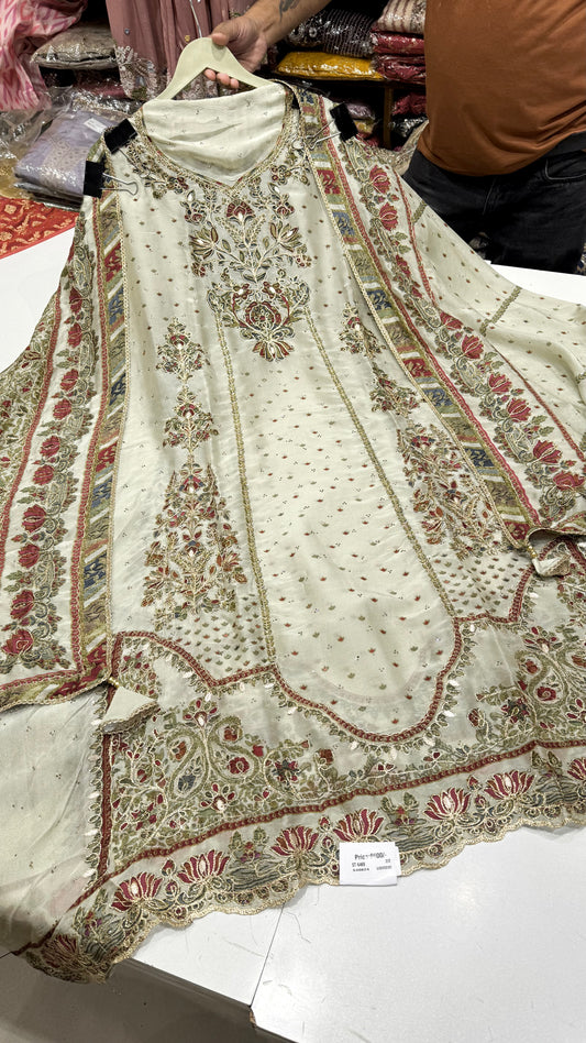 Sabyasachi Inspired Russian Silk Digital Print & Hand Embroidered Suit Set