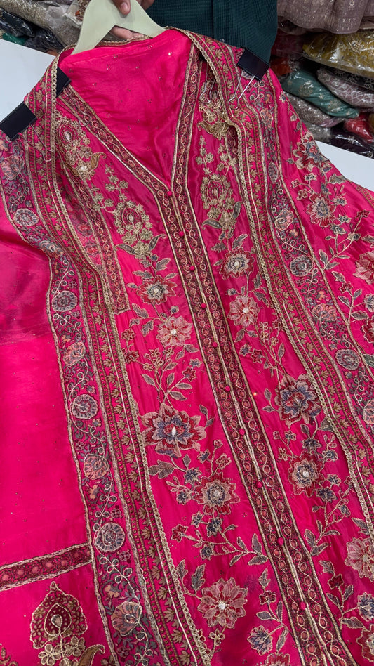 Sabyasachi inspired orgenza silk achkan Hot pink Suit