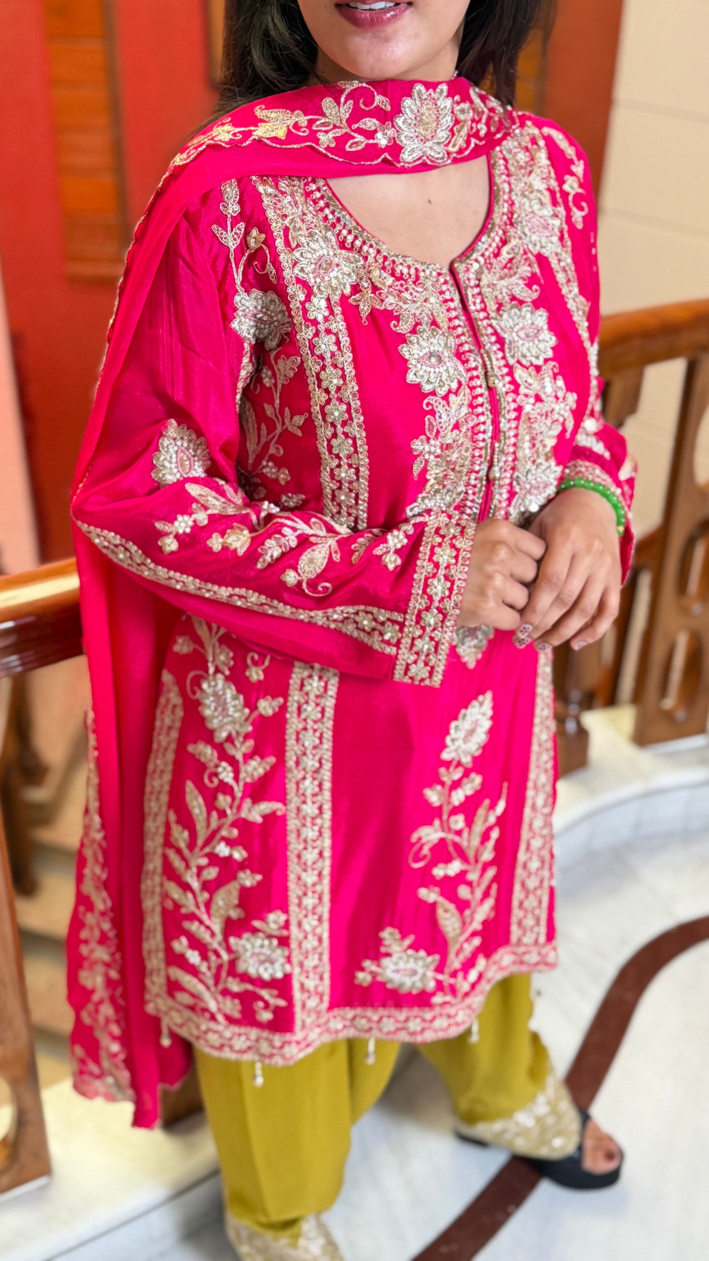 Rani Pink Pure Chinon Farshi Salwar Suit with Heavy Embroidery