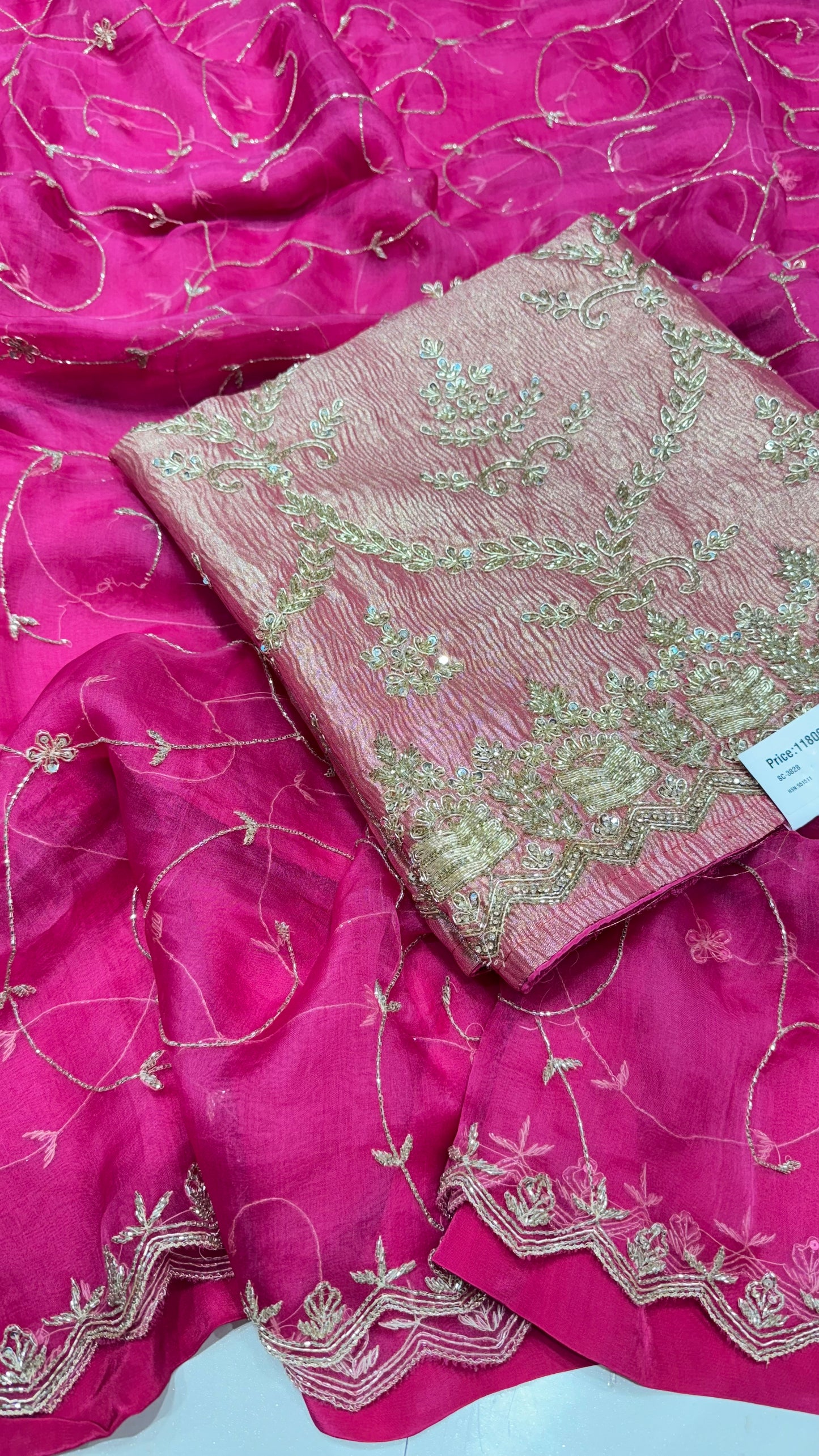 Luxury Rose Pink Pure Crush Tissue Unstitched Suit with Organza Dupatta
