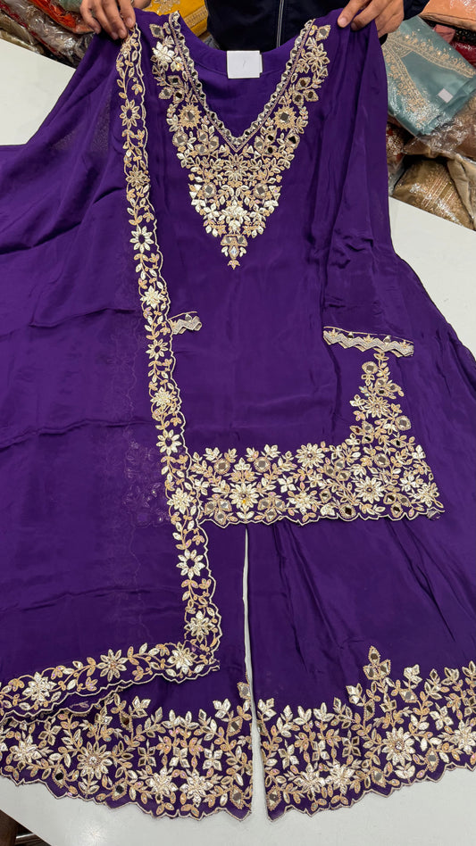 Readymade Chinon Crepe Gotta Patti & Mirror Work Sharara Suit – Free Size (Up to 42” Bust)