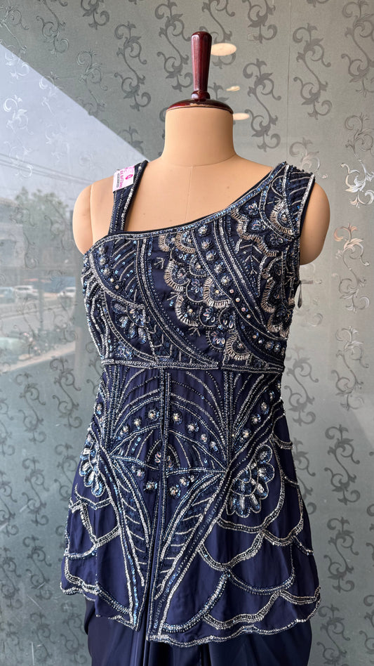 Elegant Navy Blue Indo-Western Hand Embroidered Peplum Top with Satin Silk Cowl Skirt