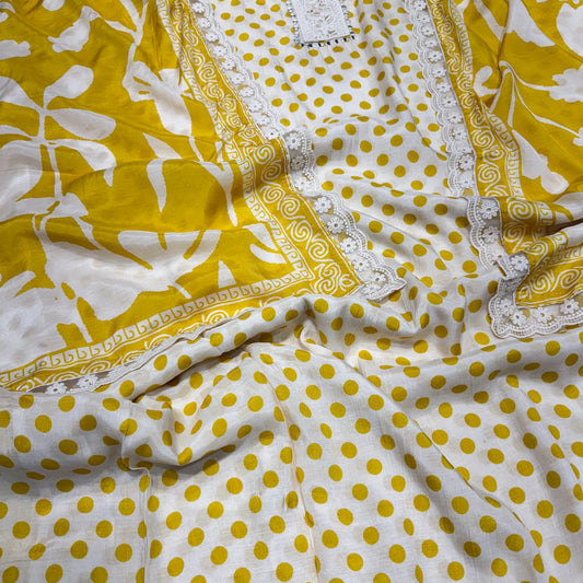 Cream yellow polka dots muslic cotton suit set