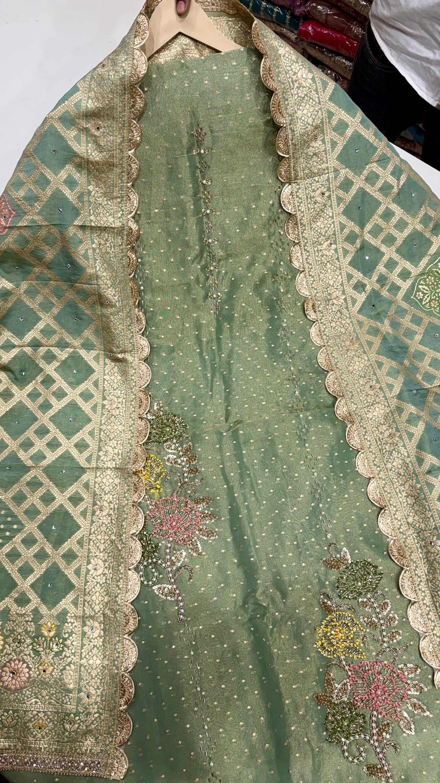 Designer Pure Handloom Tissue Unstitched Suit with Zardozi Handwork & Dupatta