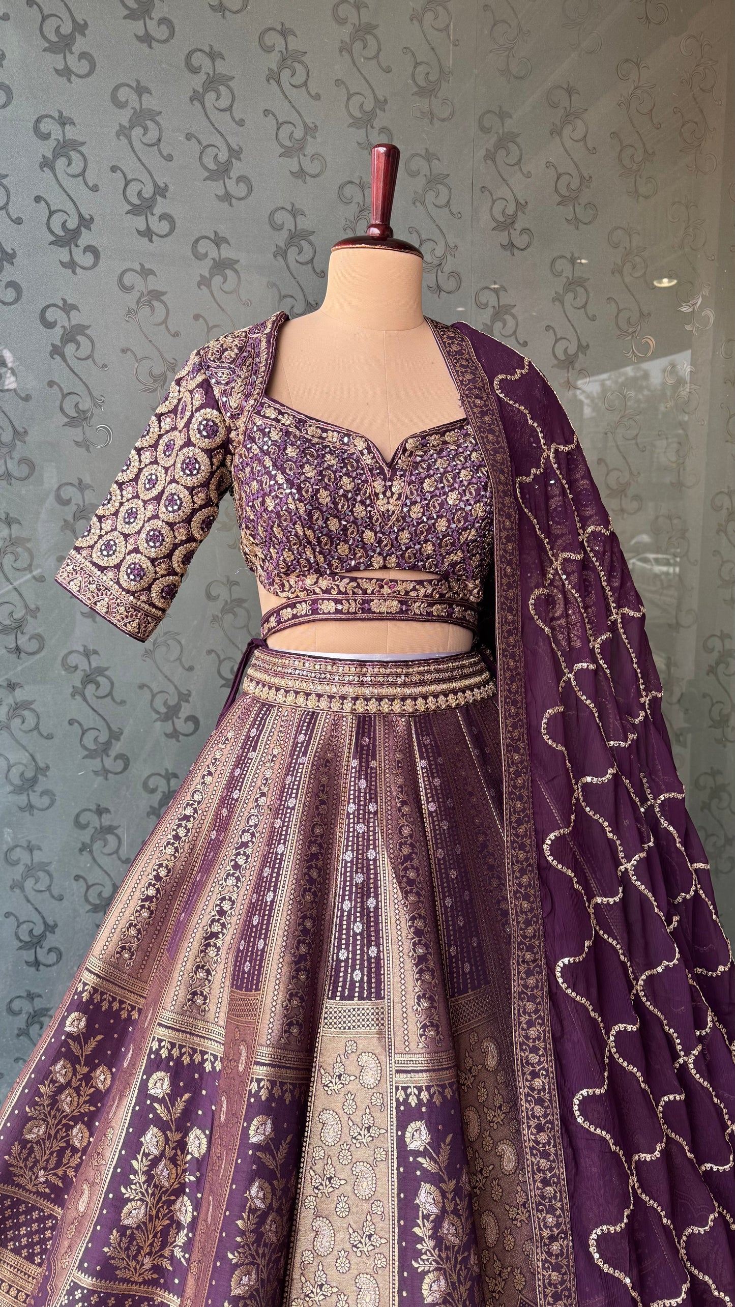 Royal Purple Embroidered Banarasi Lehenga Choli Set with Chiffon Dupatta