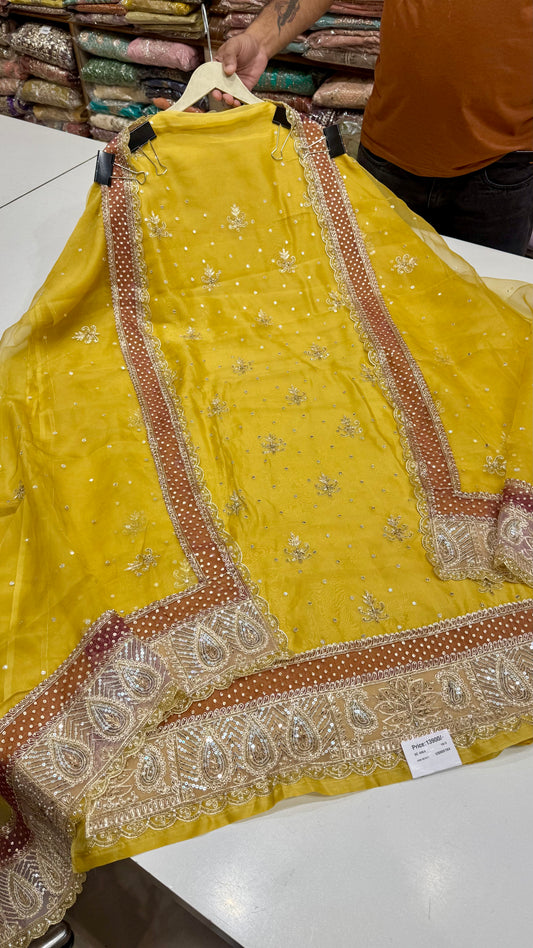 Golden Mustard Hand Embroidered Unstitched Pure Organza Suit