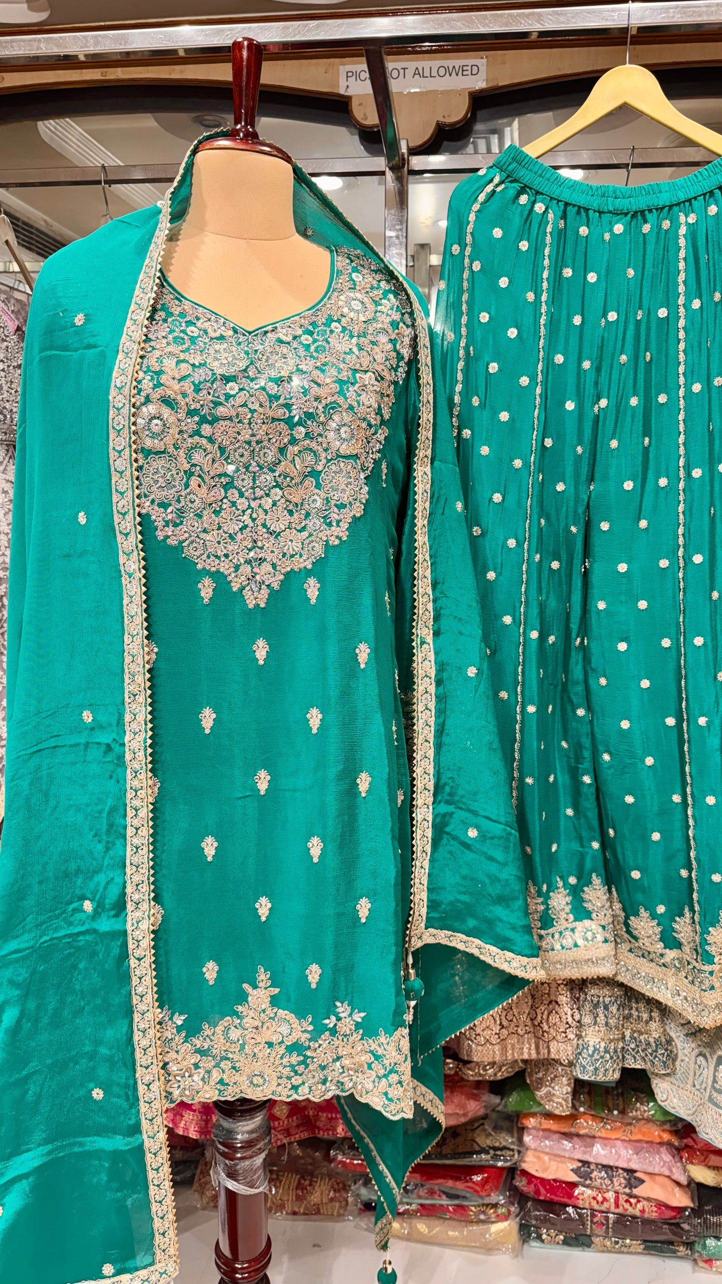 Chinon Crepe Readymade Sharara Suit with Zari & Sequin Embroidery