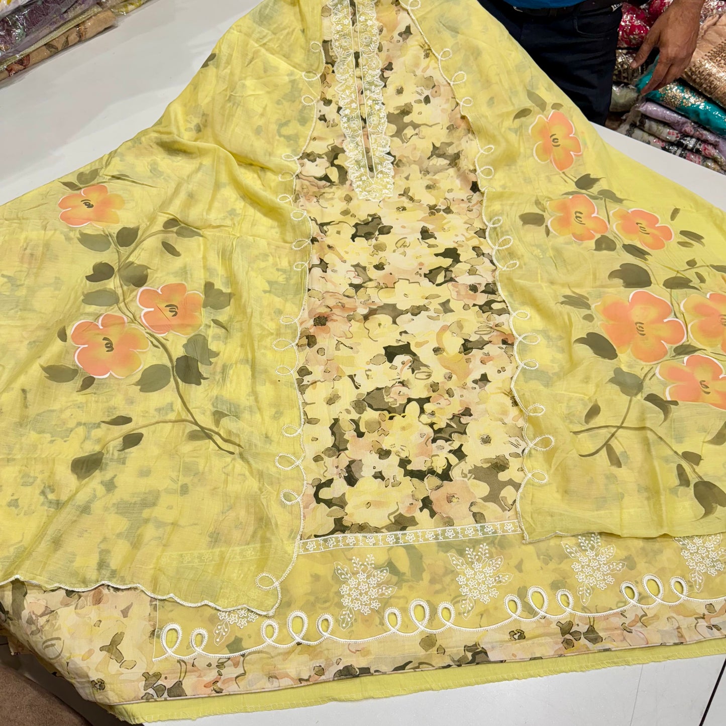 Elegant Pure Cotton Suit with Embroidered Neck & Cutwork Ghera | Hand-Painted Cotton Dupatta Set