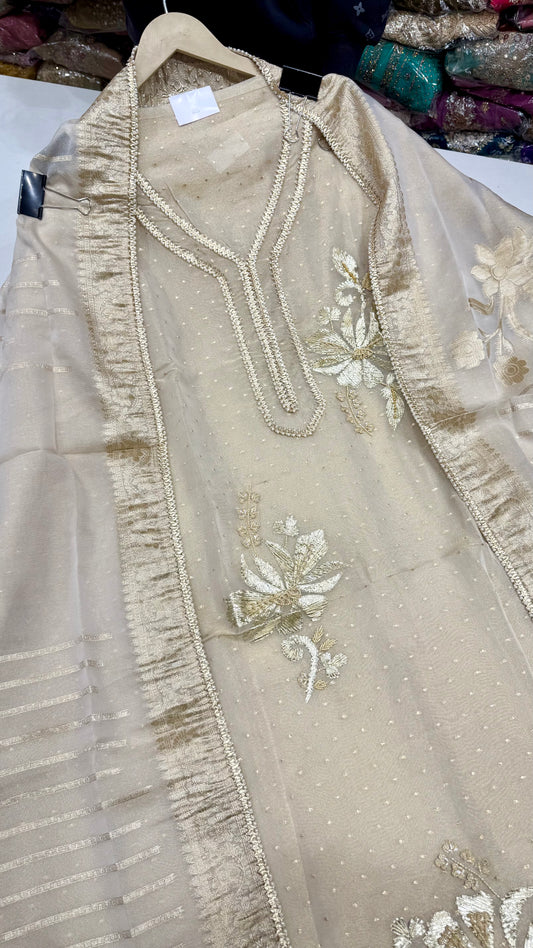 Elegant Banarasi Tissue Hand Embroidered Unstitched Suit with Kantha Work