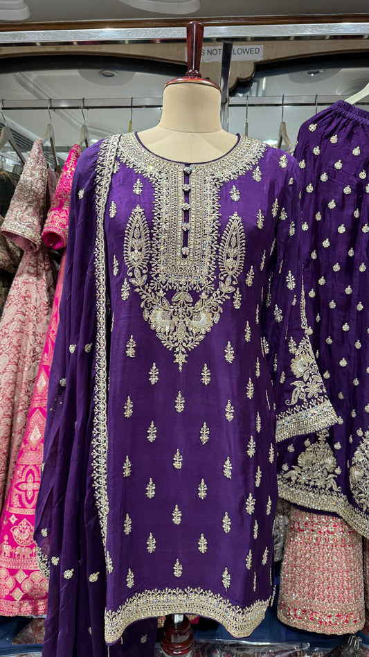 Royal Purple Pure Chinon Hand Embroidered Readymade Lehenga Suit – Free Size (Up to 44” Bust)