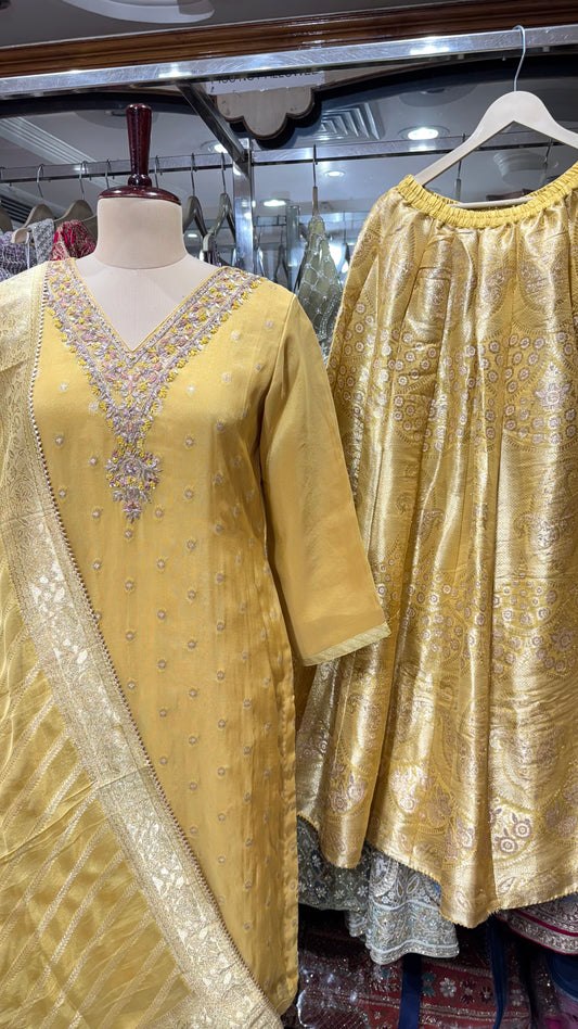 Light Mustard Banarsi tissue lehenga suit set