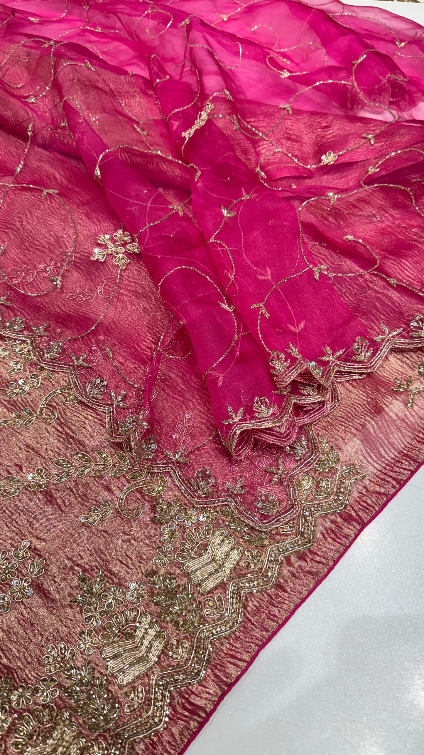 Luxury Rose Pink Pure Crush Tissue Unstitched Suit with Organza Dupatta