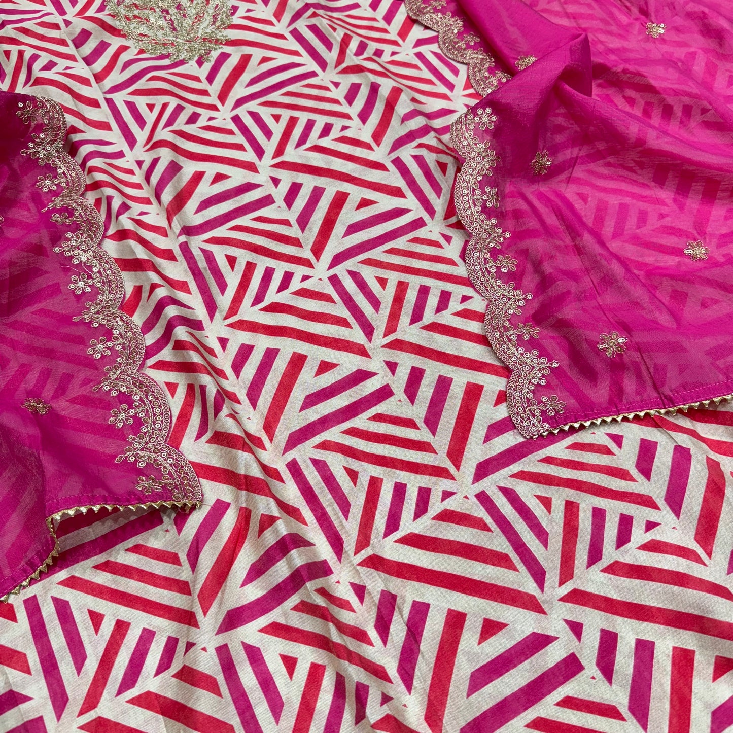 Elegant Geometric Print Modal Cotton Unstitched Suit Set with Embroidered Dupatta – Multiple Color Options ( base color is beige)