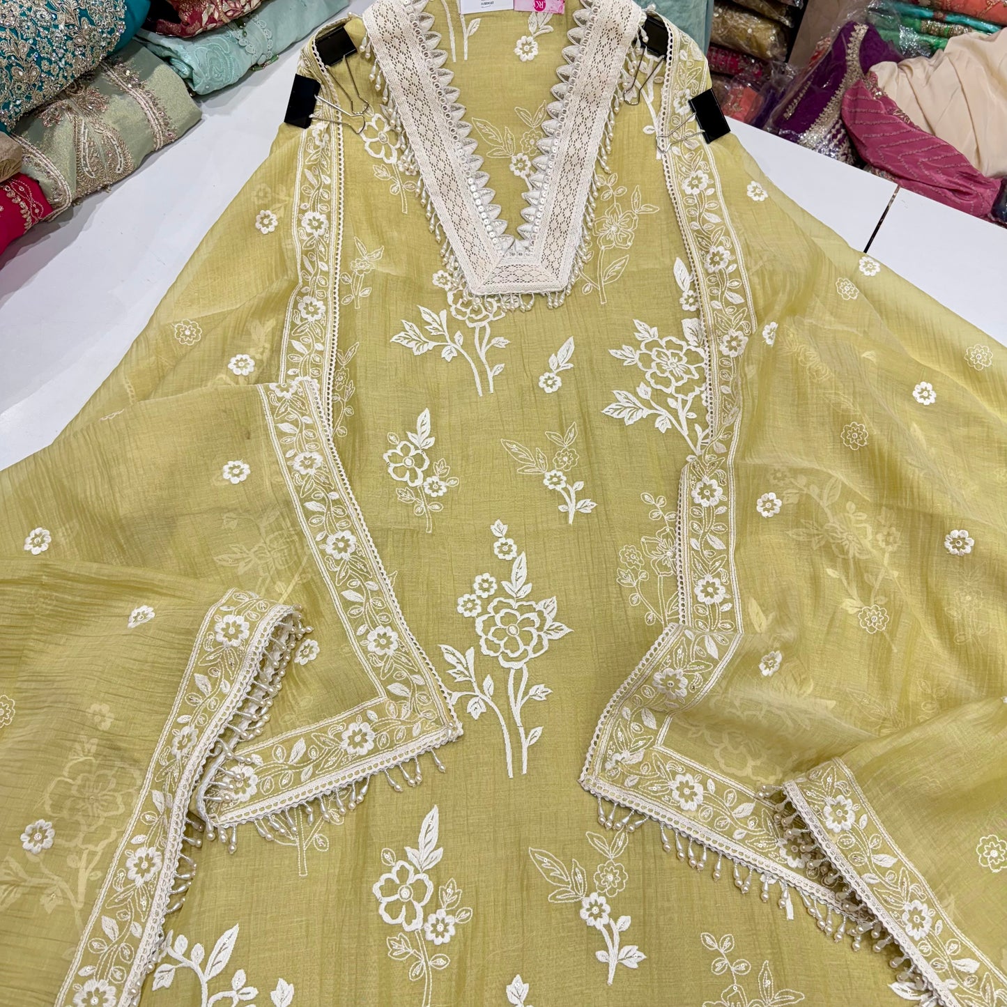 Elegant Unstitched Pure Mulmul Cotton Suit with Delicate Lace Neck, Kalamkari Threadwork, and Matching Cotton Bottom