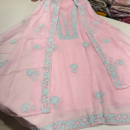 Luxury Pure Organza Unstitched Suit with Hand Embroidered Neck, Ghera & Dupatta Border | Includes Pure Crepe 2.5m Bottom
