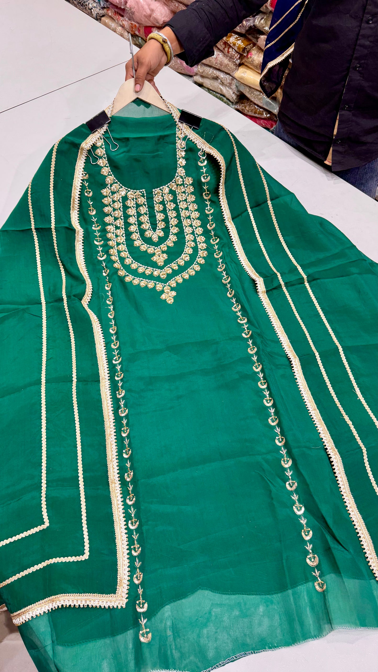 Elegant Pure Opada Silk Unstitched Suit with Zardozi Handwork & Organza Dupatta