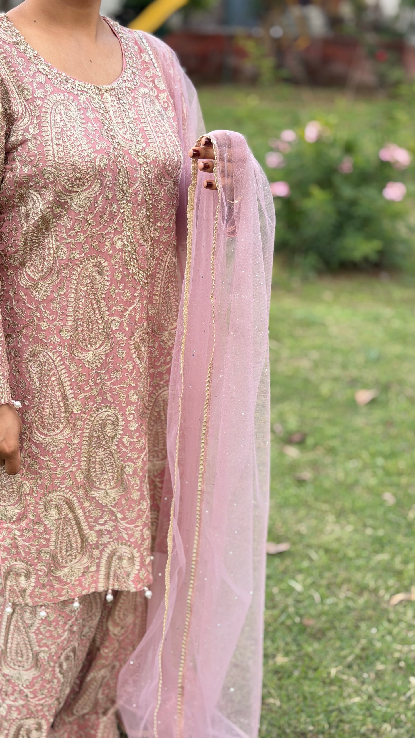 Rose Pink Designer Pure Georgette Ritu Kumar Inspired Suit with Farshi Salwar