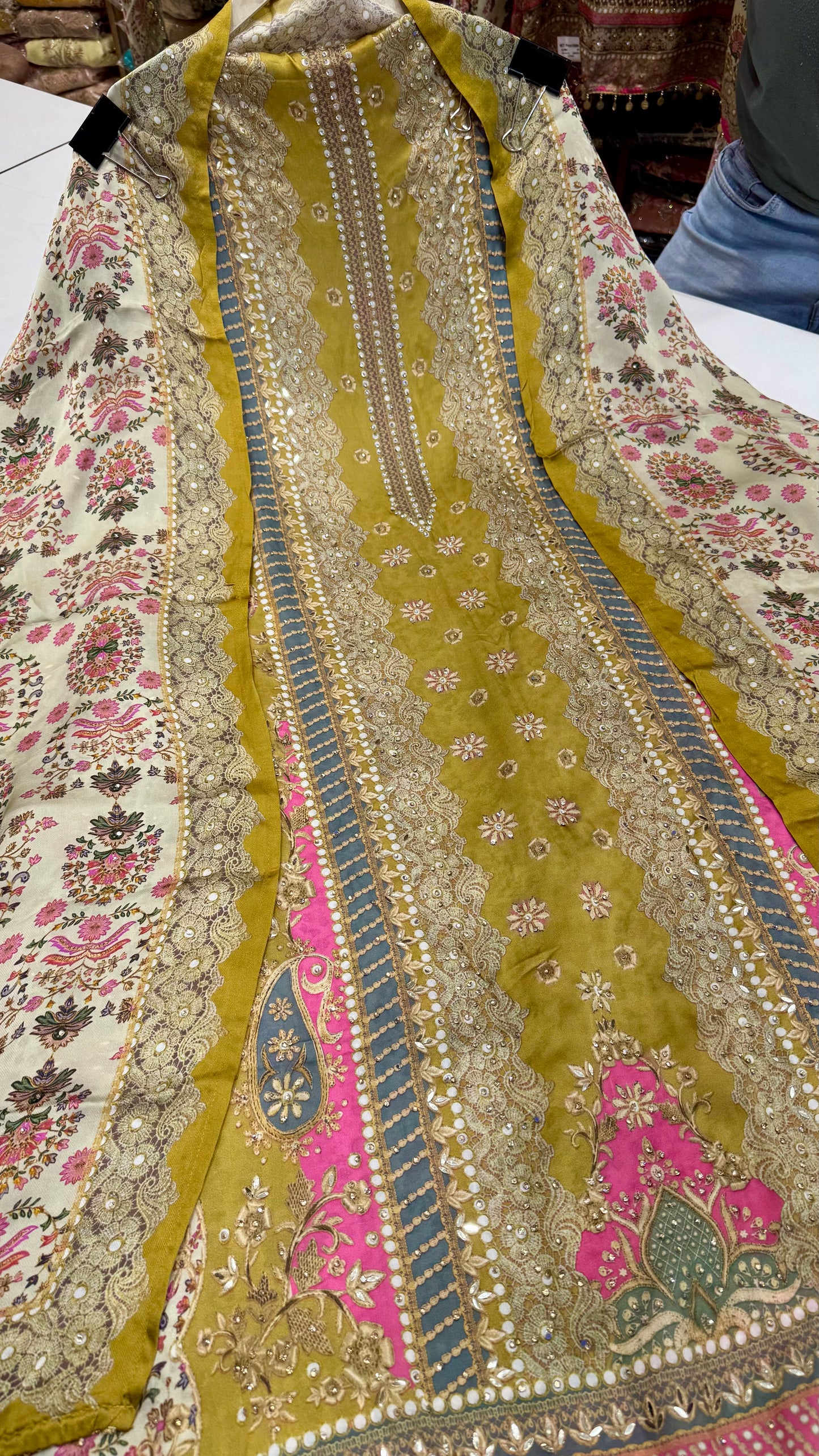 Luxury Pakistani Printed Unstitched Suit in Satin Silk with Zarkan Highlights