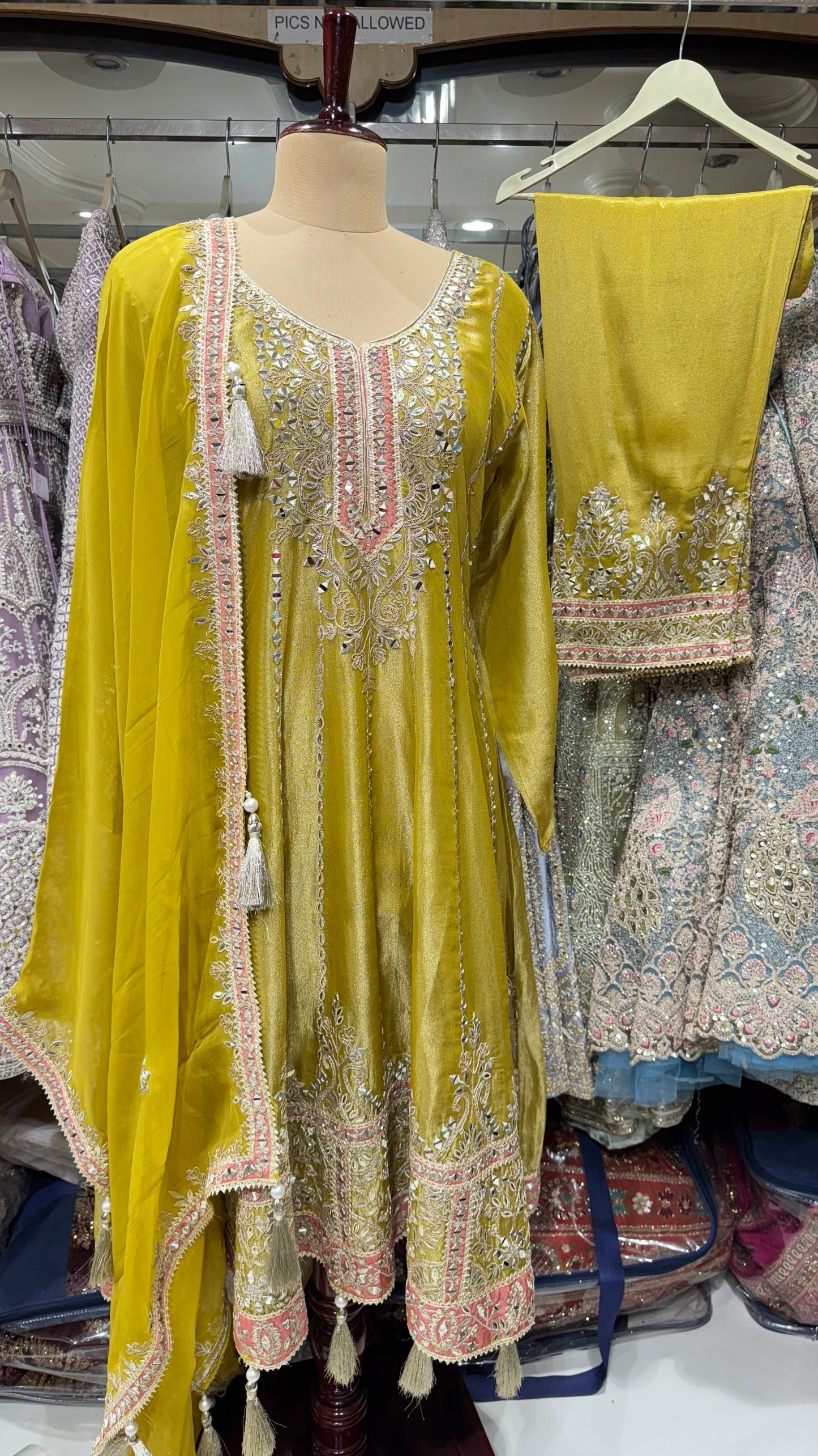 Embroidered Tissue Anarkali with Pakistani Salwar & Dupatta – Handcrafted Mirror & Zari Work