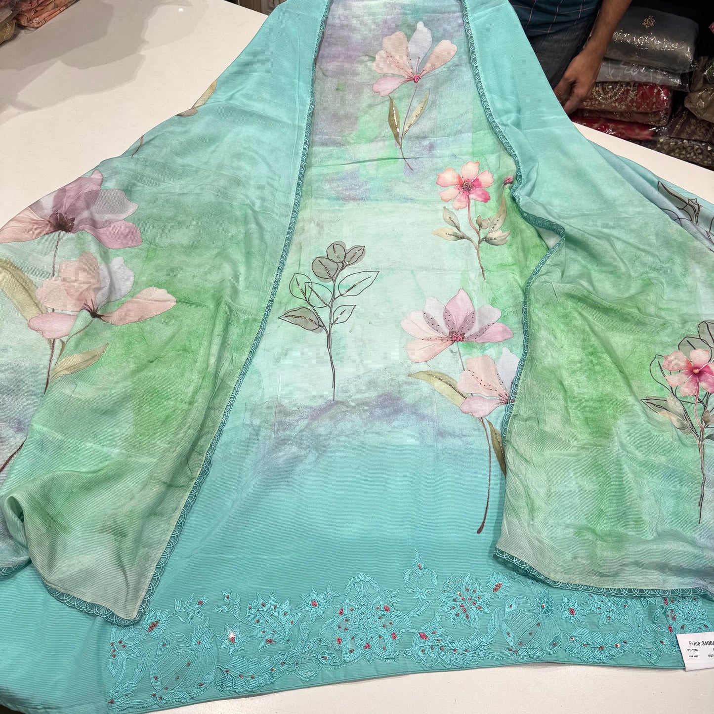 Peach Floral Printed Cottarage Cotton Suit with Embroidered Border