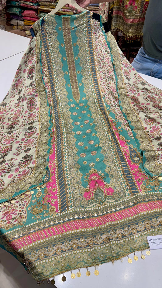 Luxury Pakistani Printed Unstitched Suit in Satin Silk with Zarkan Highlights