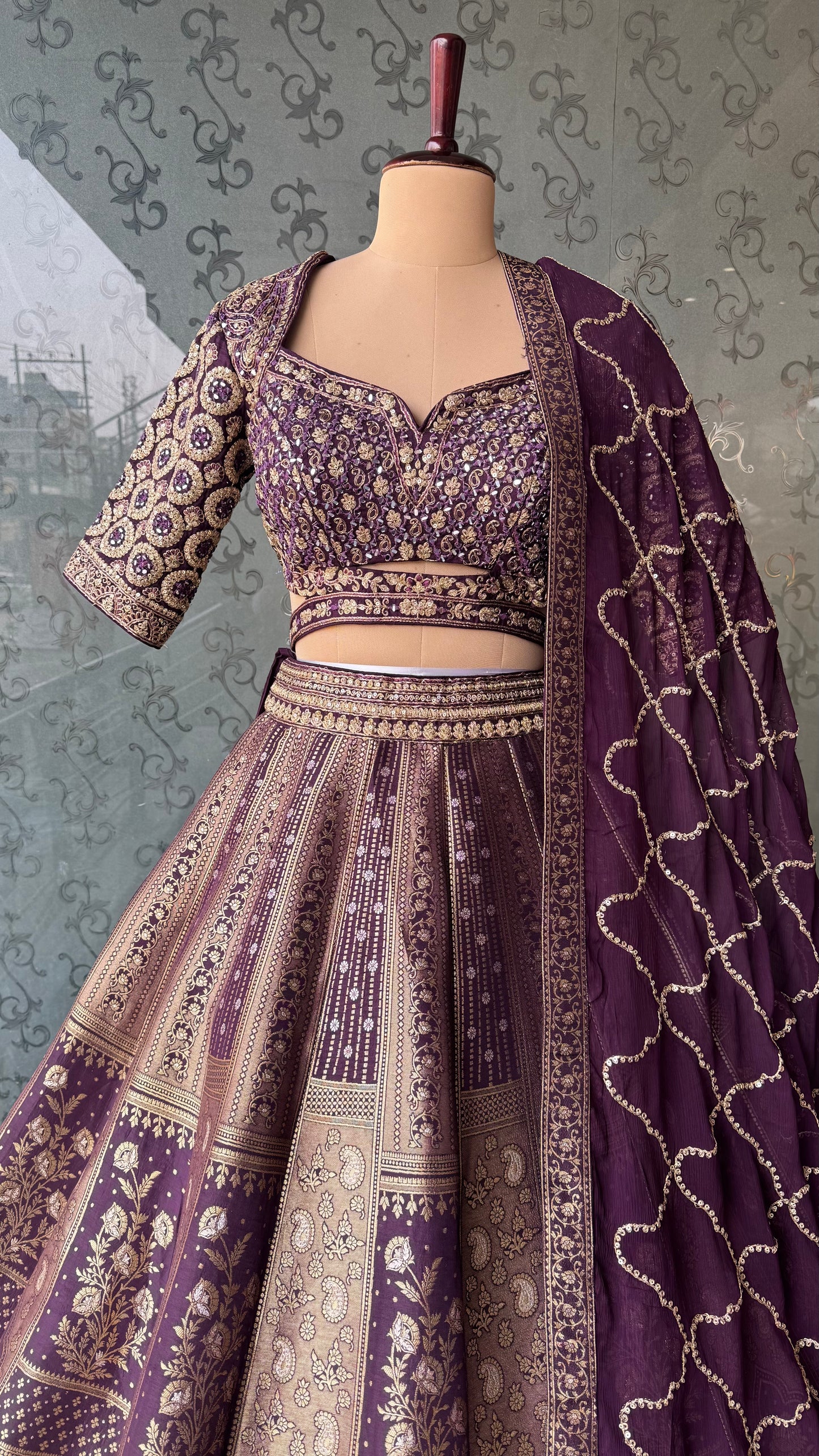 Royal Purple Embroidered Banarasi Lehenga Choli Set with Chiffon Dupatta