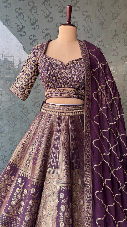 Royal Purple Embroidered Banarasi Lehenga Choli Set with Chiffon Dupatta