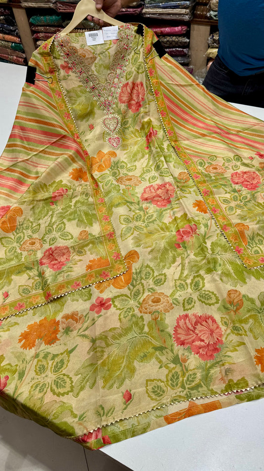 Floral Elegance Unstitched Suit in Tissue Silk with Digital Print & Zari Embroidery