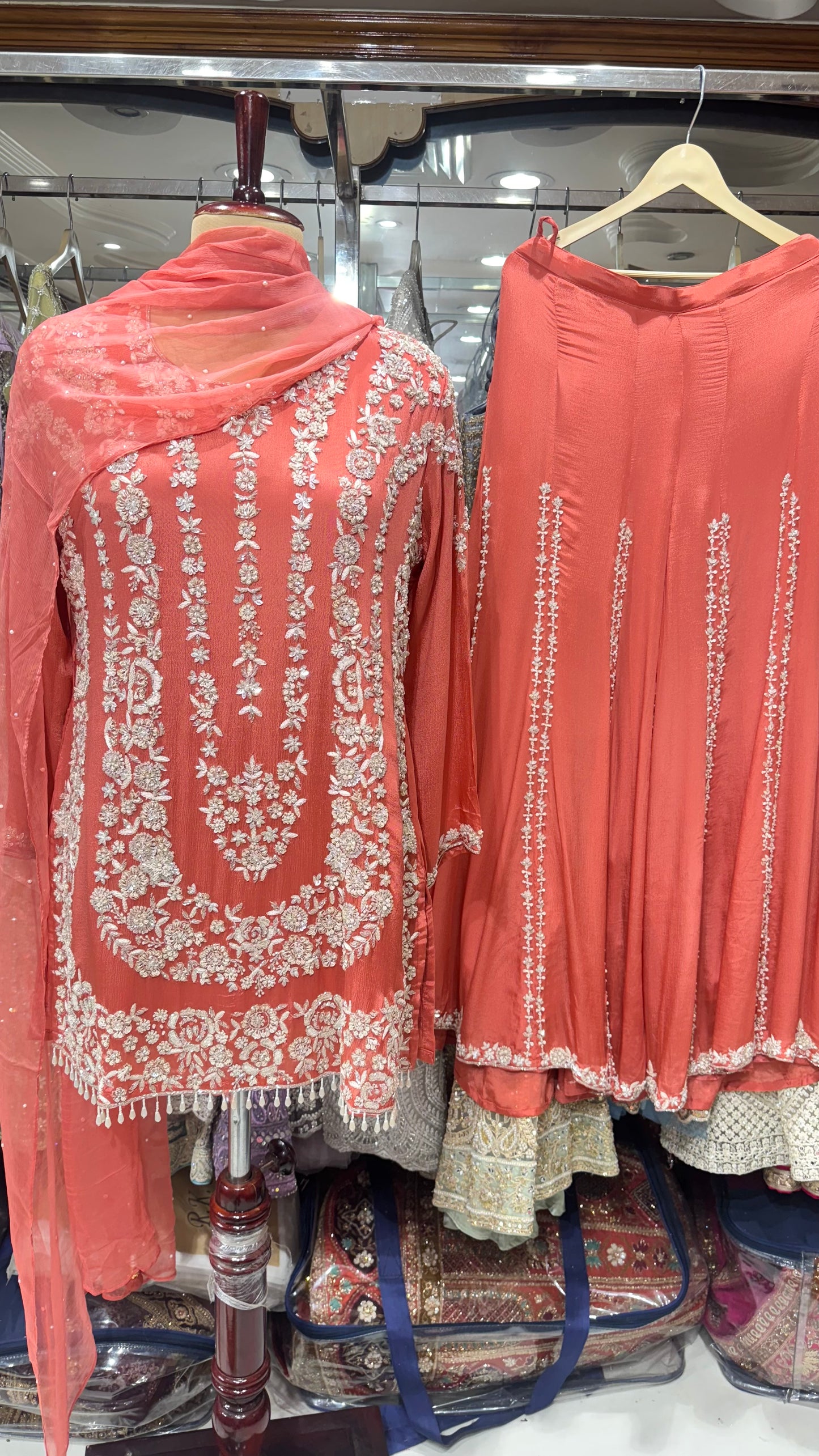 Embroidered Chinon Sharara Suit Set with Pearl Detailing – Available in Peach, Bottle Green & Navy Blue