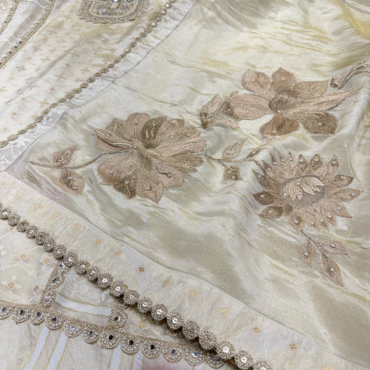 Ivory gold handloom tissue mirror and lace work suit set