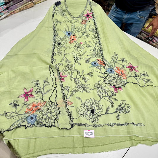 Unstitched Pure Mulmul Kalamkari Suit with Bead Embroidery & Cutwork Dupatta