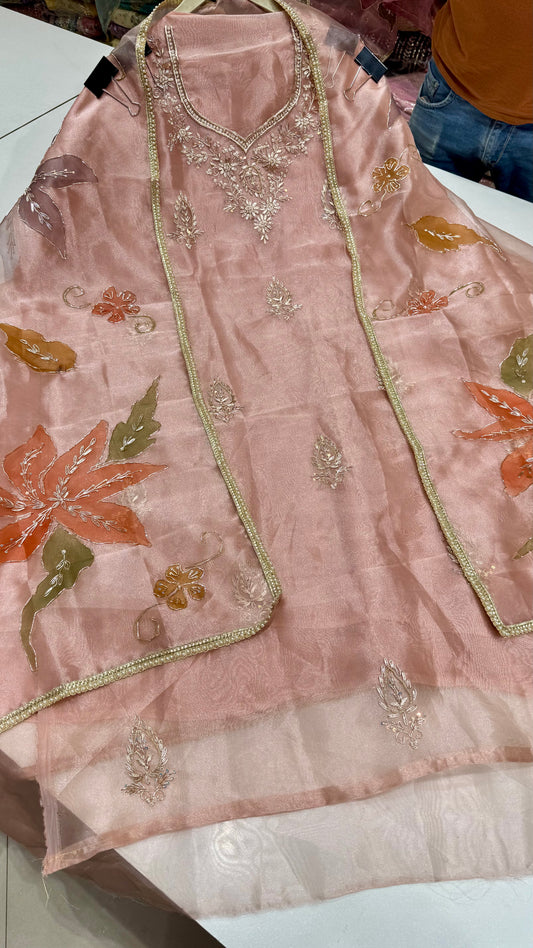 Pastel Elegance Hand Embroidered Unstitched Glass Organza Suit Set